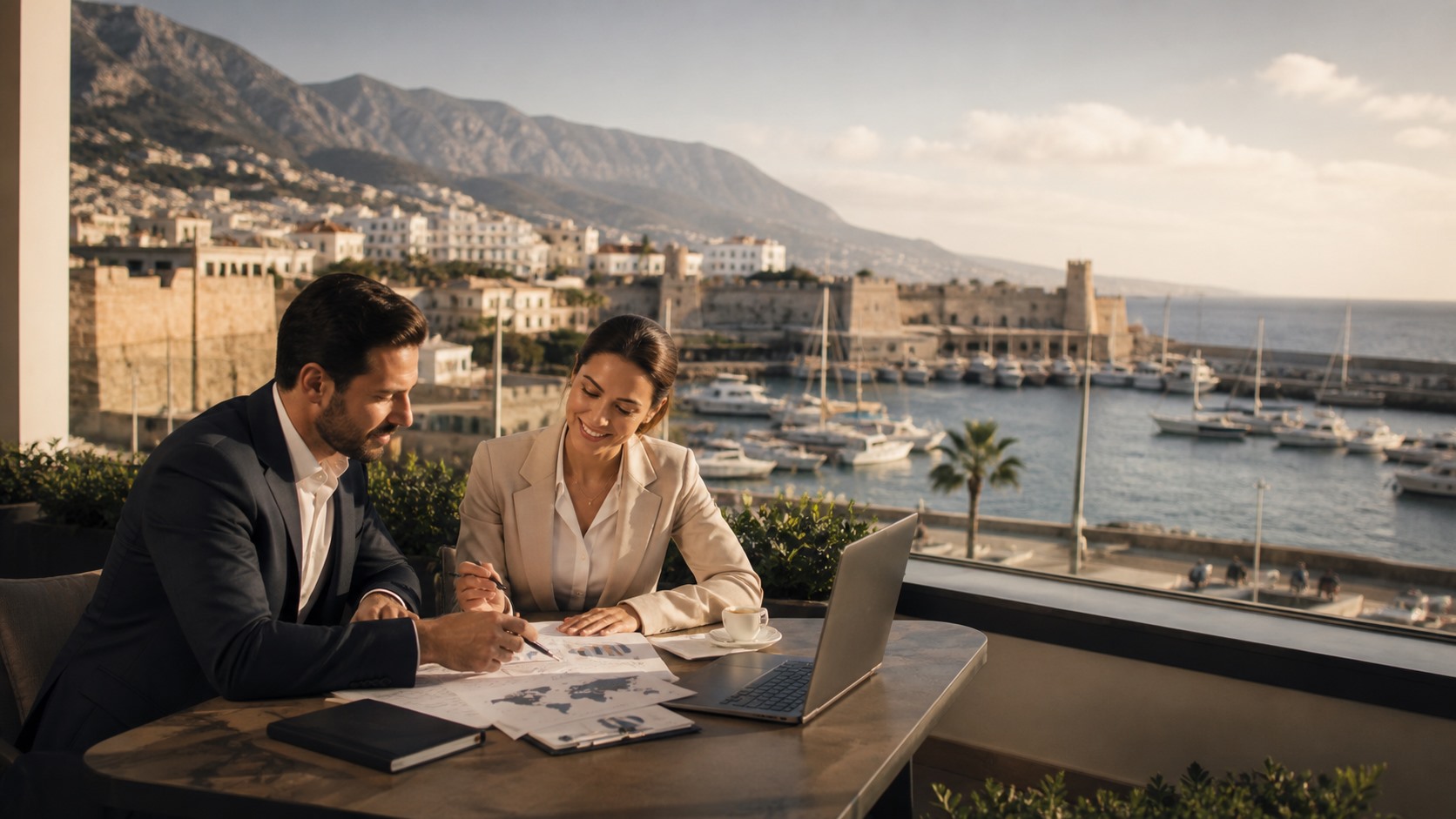 Girne limanı manzarası eşliğinde uluslararası iş planlaması yapan profesyoneller